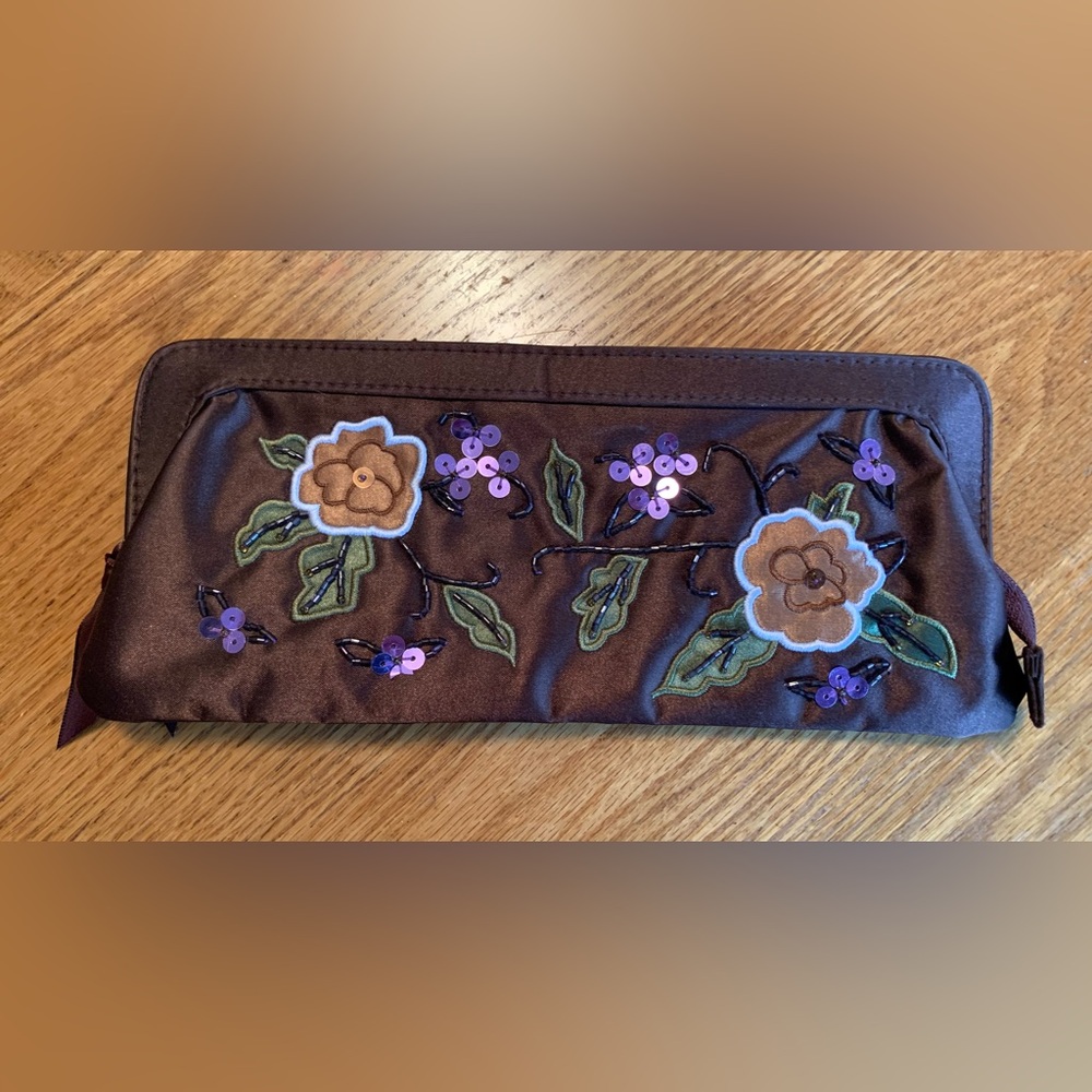 Y2K Brown Satin Embroidered Floral Clutch
